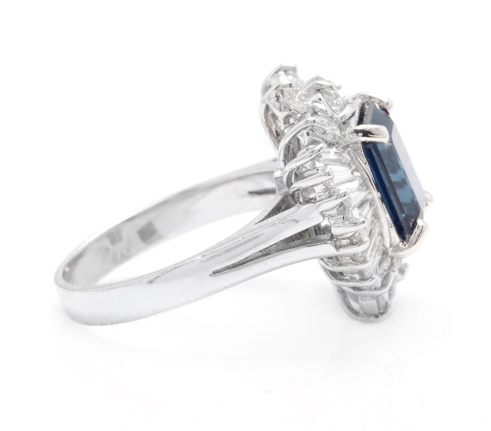 Baguette Cut 5.04 Carat Exquisite Natural Blue Sapphire and Diamond 14 Karat Solid White Gold For Sale