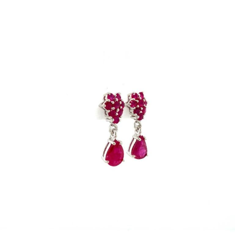 Real Ruby Cluster Dangle Drop Earrings in Sterling Silver for Women In New Condition For Sale In Houston, TX
