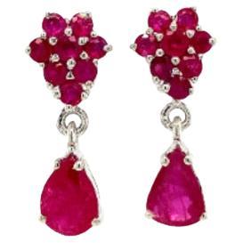 Real Ruby Cluster Dangle Drop Earrings in Sterling Silver for Women For Sale