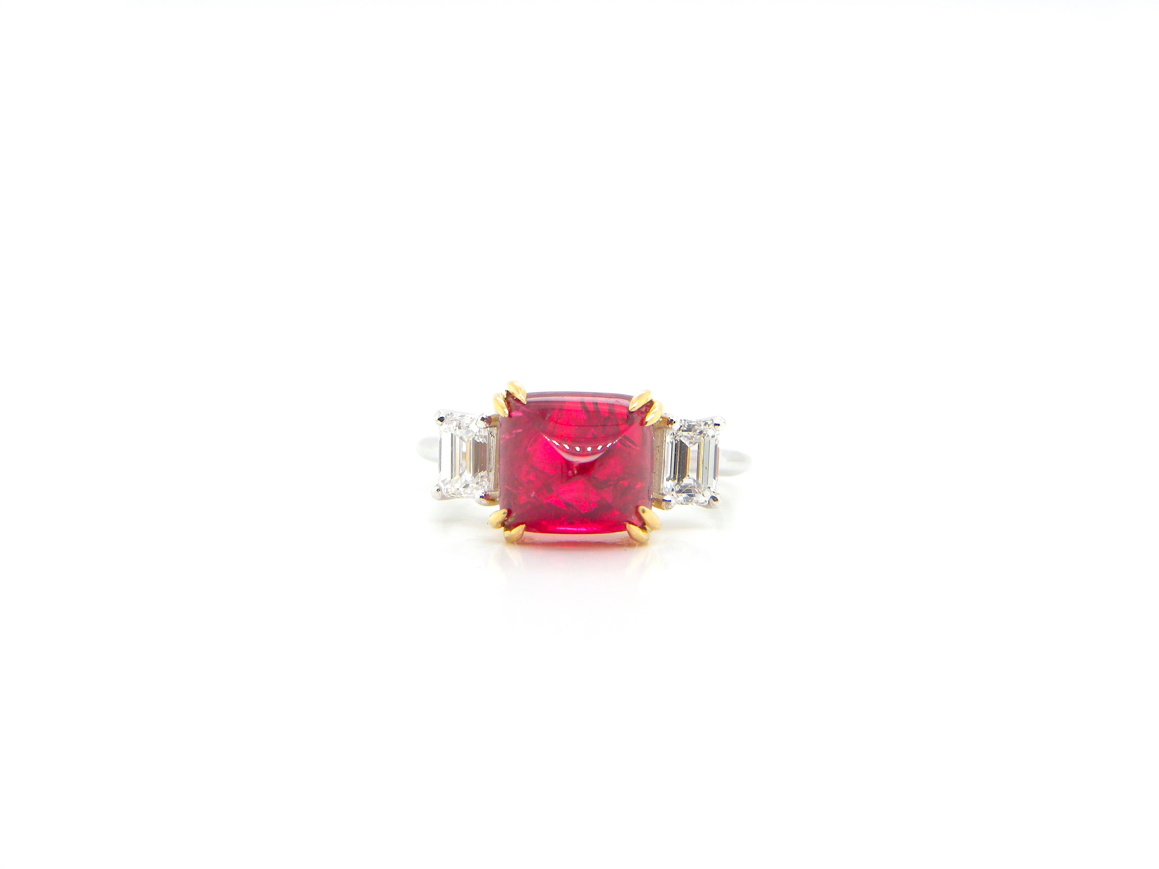 Contemporary 5.04 Carat GRS Certified Burma No Heat Sugarloaf Spinel and White Diamond Ring