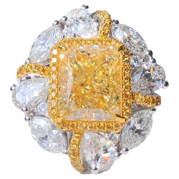 5.04 Carat Light Yellow Diamond Art Deco Halo Pendant Ring, Radiant Rectangular 