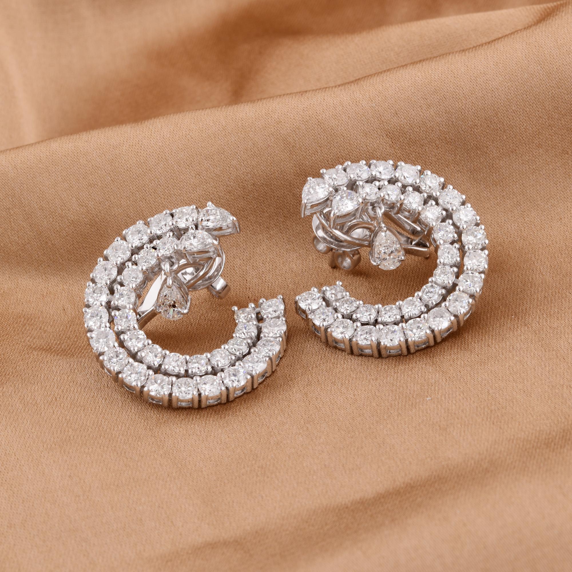 Modern Real 5 Carat Pear & Round Diamond Earrings 18 Karat White Gold Handmade Jewelry For Sale