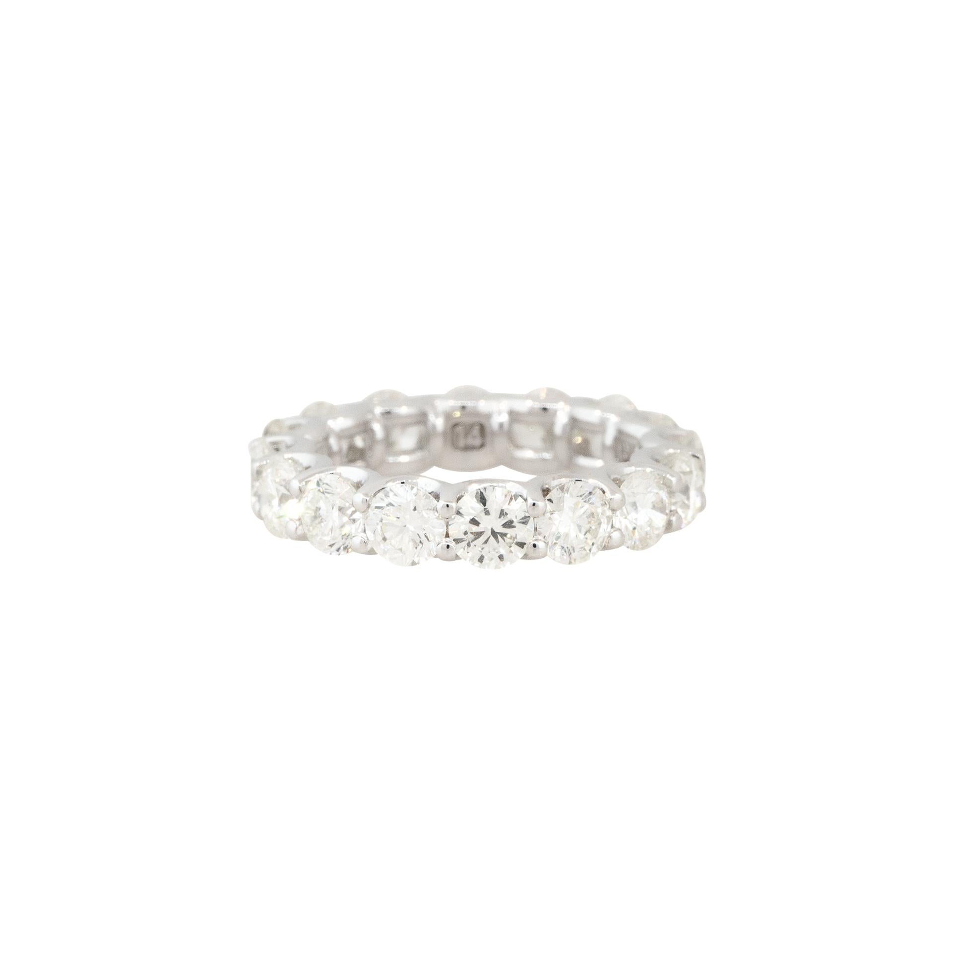 14k White Gold 5.04ctw Round Brilliant Cut Diamond Eternity Band

Style: Women's Diamond Eternity Band
Material: 14k White Gold
Diamond Details: Approximately 5.04ctw of Round Brilliant Cut Diamonds. All Diamonds are prong set and there are 16