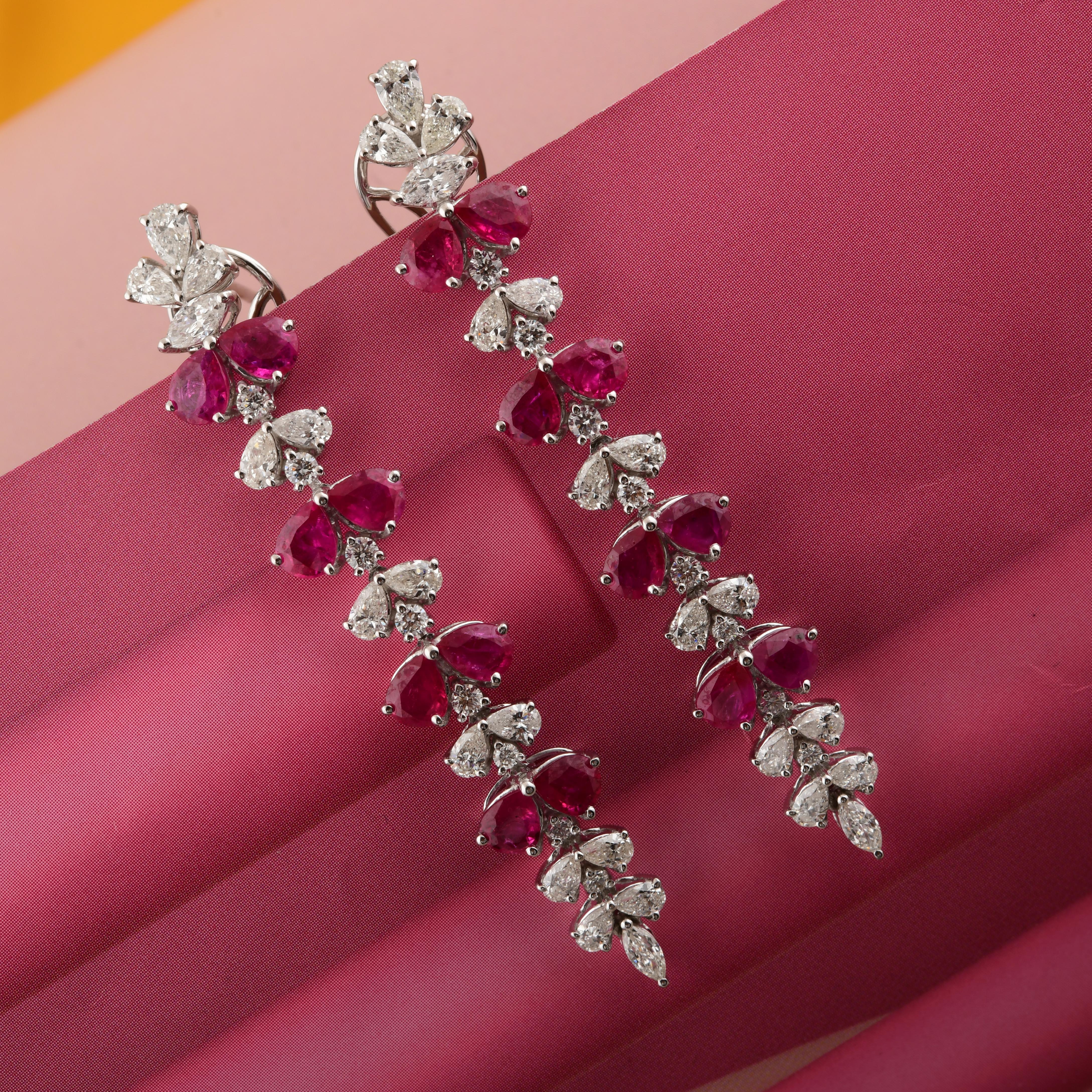 Pear Cut 5.04 Carat Ruby Gemstone 3.11 Carat SI/H Diamond Earrings 18 Karat White Gold For Sale
