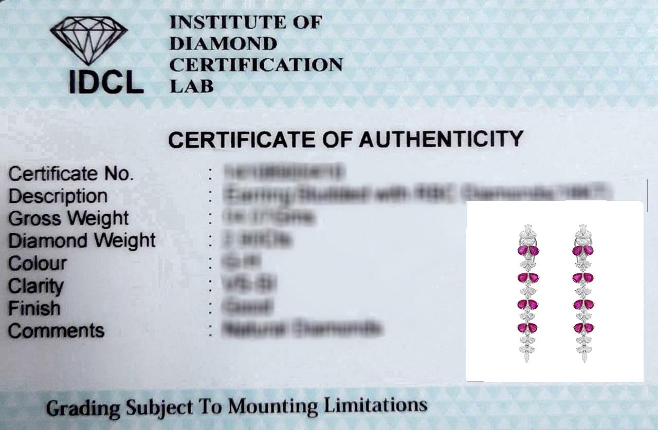Women's 5.04 Carat Ruby Gemstone 3.11 Carat SI/H Diamond Earrings 18 Karat White Gold For Sale