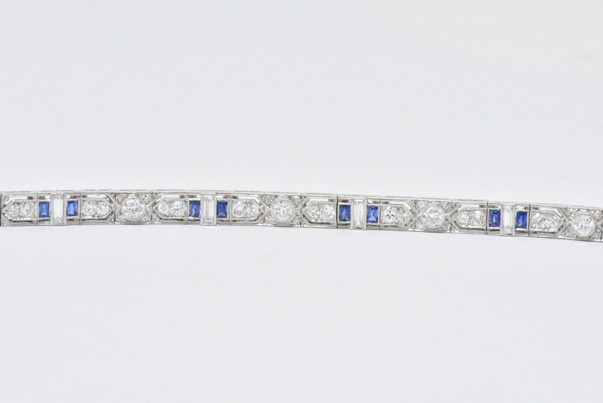 5.04 Carat Total Diamond Sapphire Platinum Art Deco Bracelet In Excellent Condition In Philadelphia, PA
