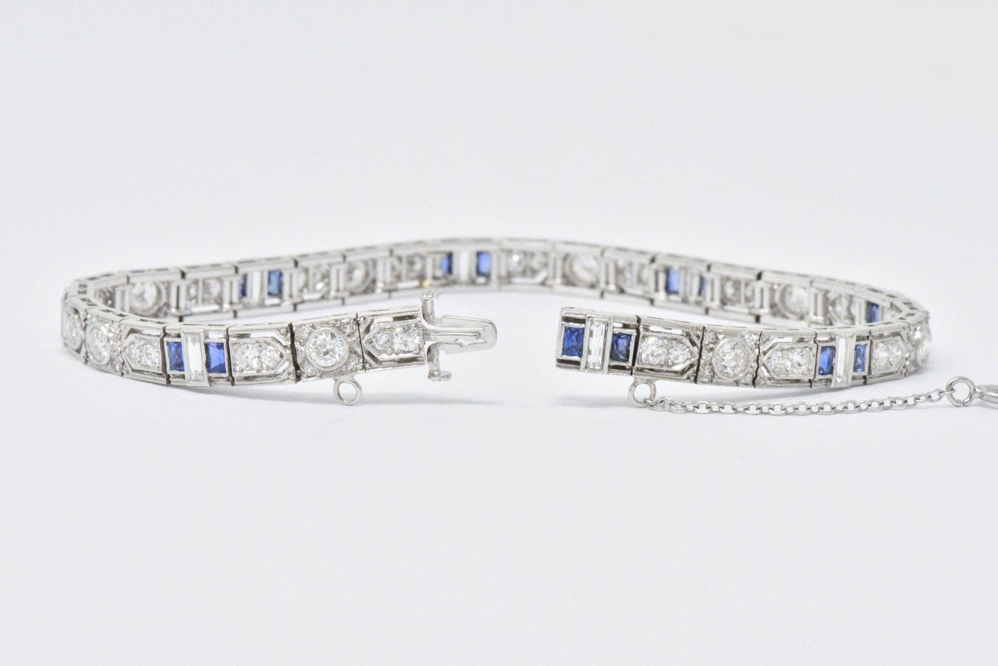 Women's or Men's 5.04 Carat Total Diamond Sapphire Platinum Art Deco Bracelet