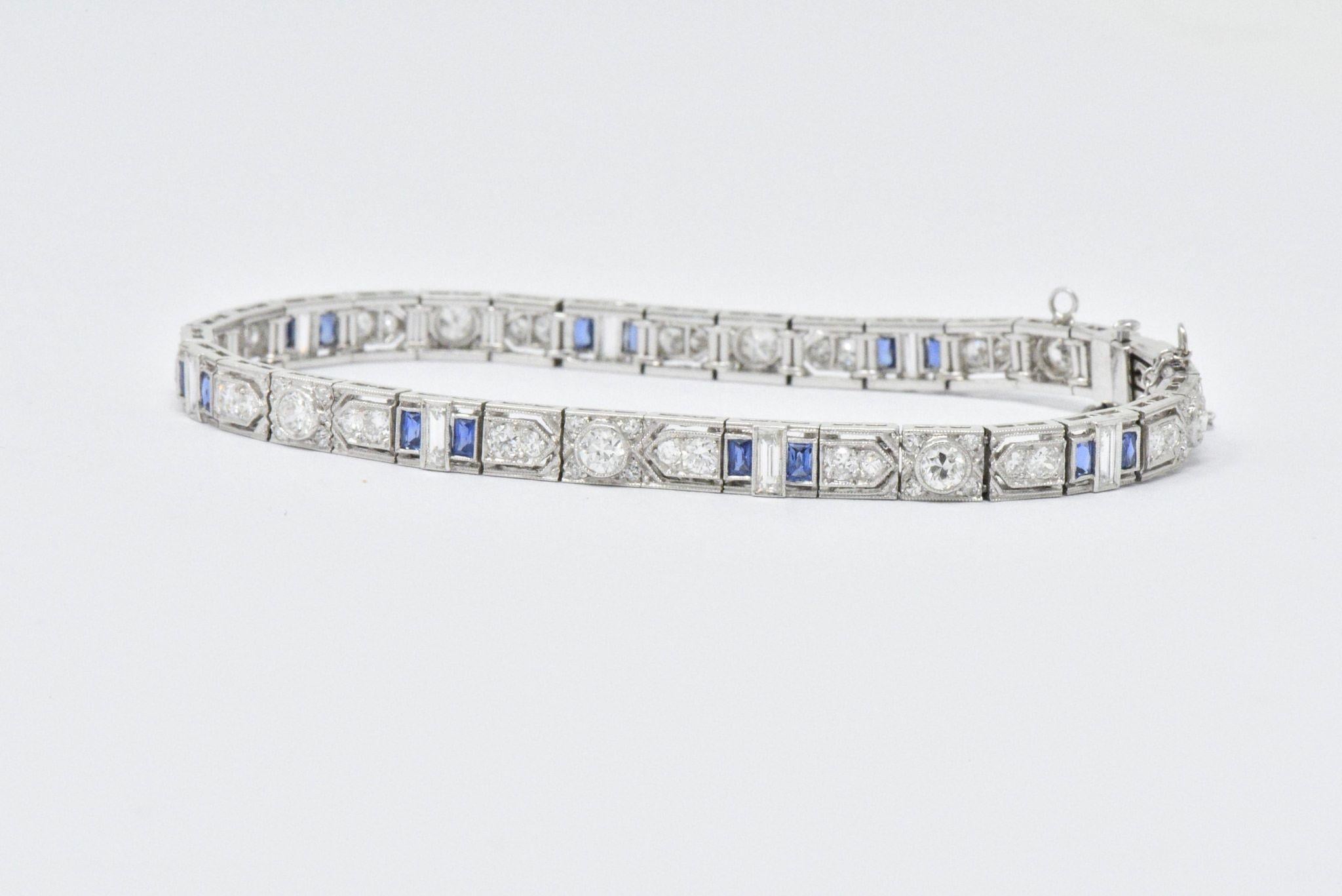 5.04 Carat Total Diamond Sapphire Platinum Art Deco Bracelet 1