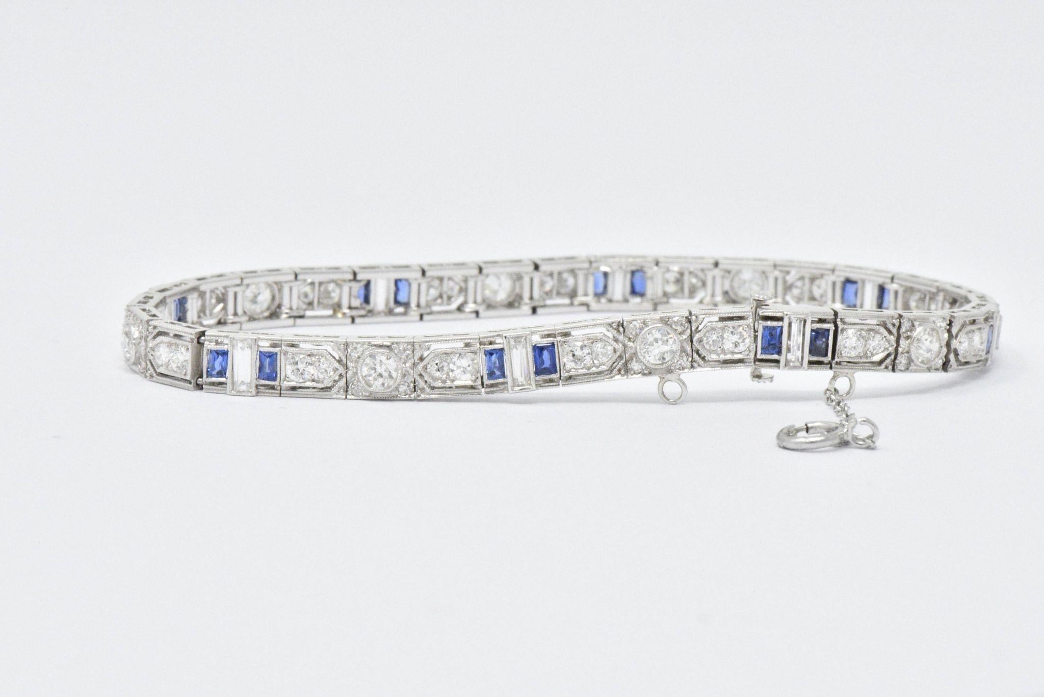 5.04 Carat Total Diamond Sapphire Platinum Art Deco Bracelet 2