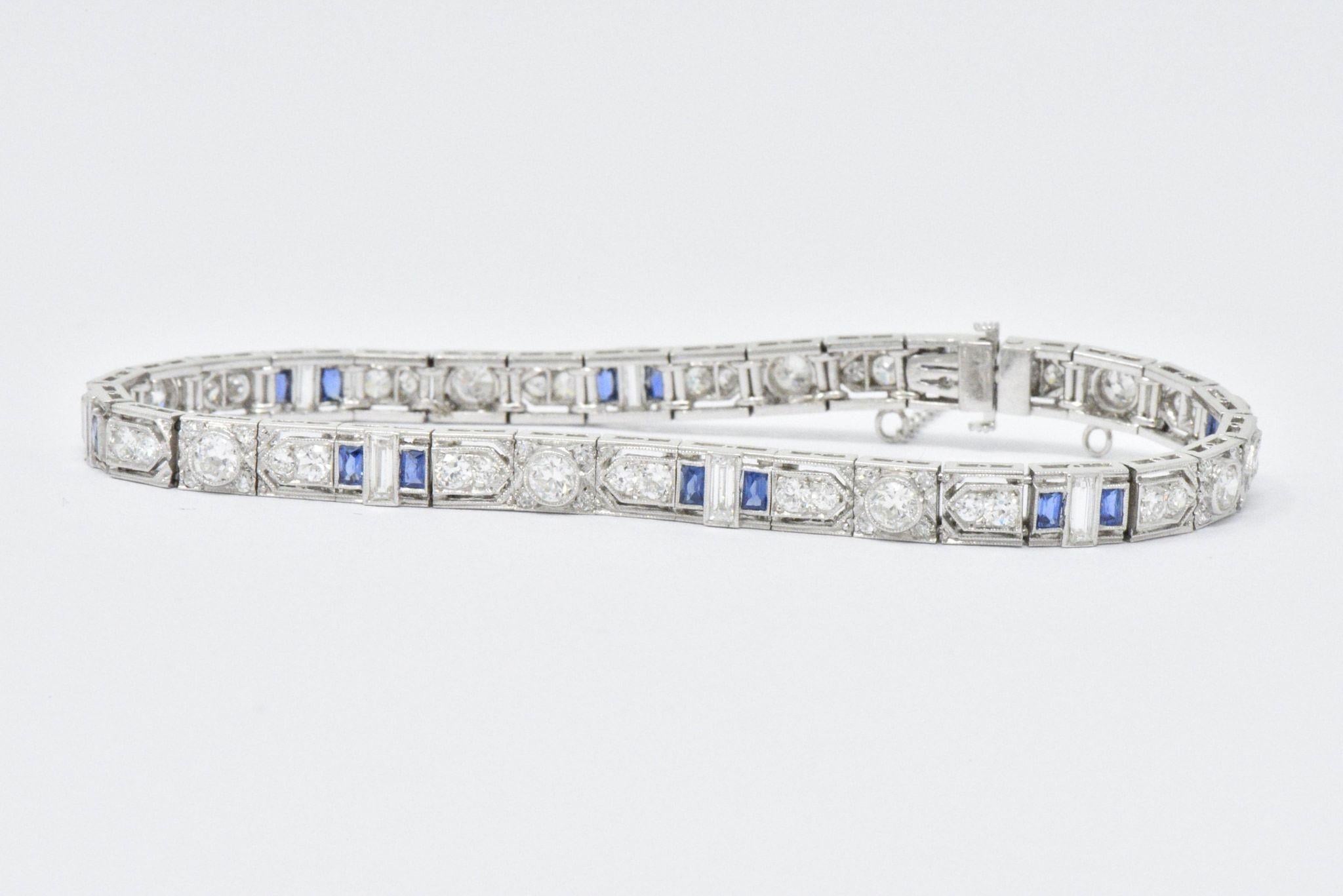 5.04 Carat Total Diamond Sapphire Platinum Art Deco Bracelet 3