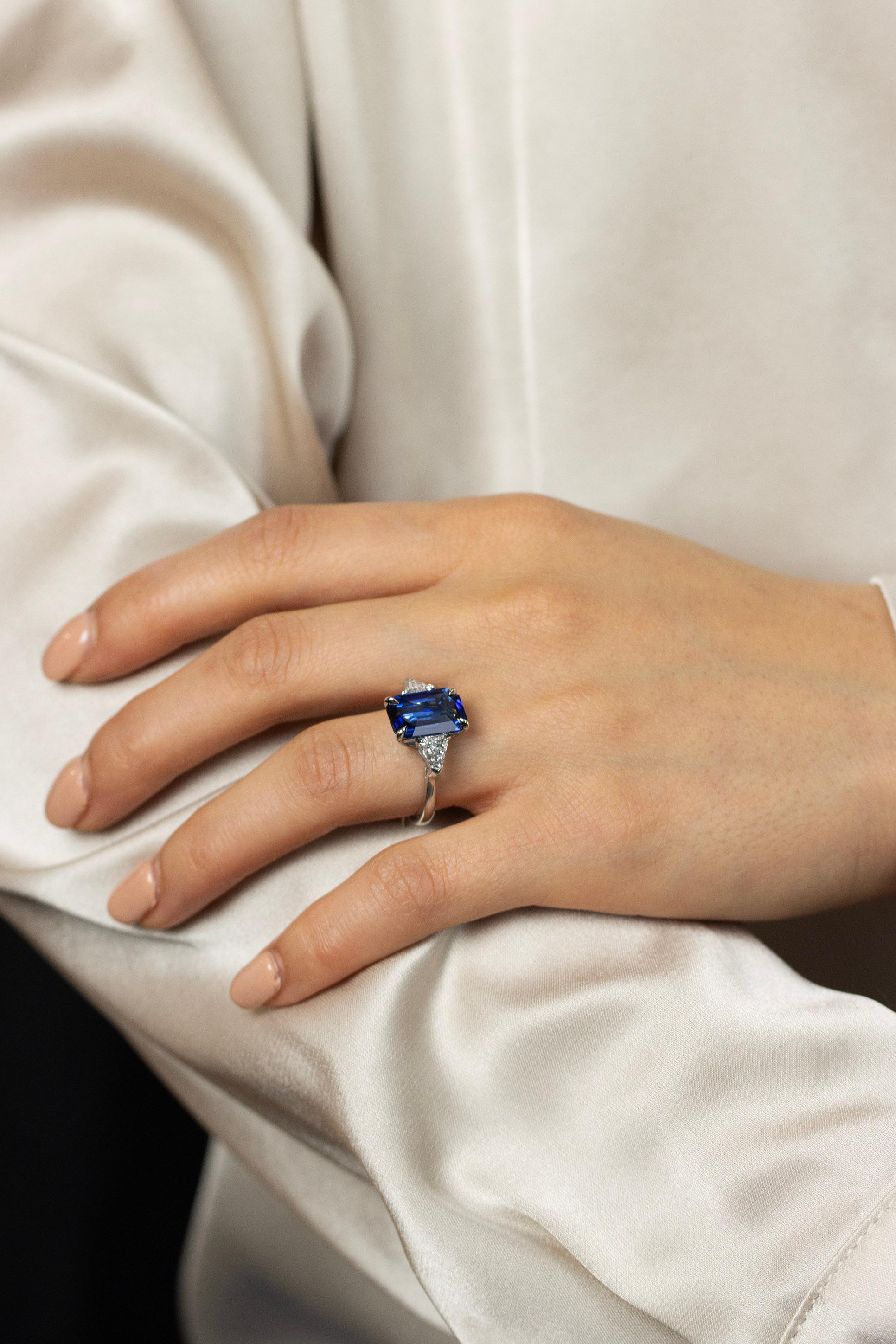 Women's 5.04 Carats Emerald Cut Blue Sapphire & Diamond Three-Stone Engagement Ring For Sale