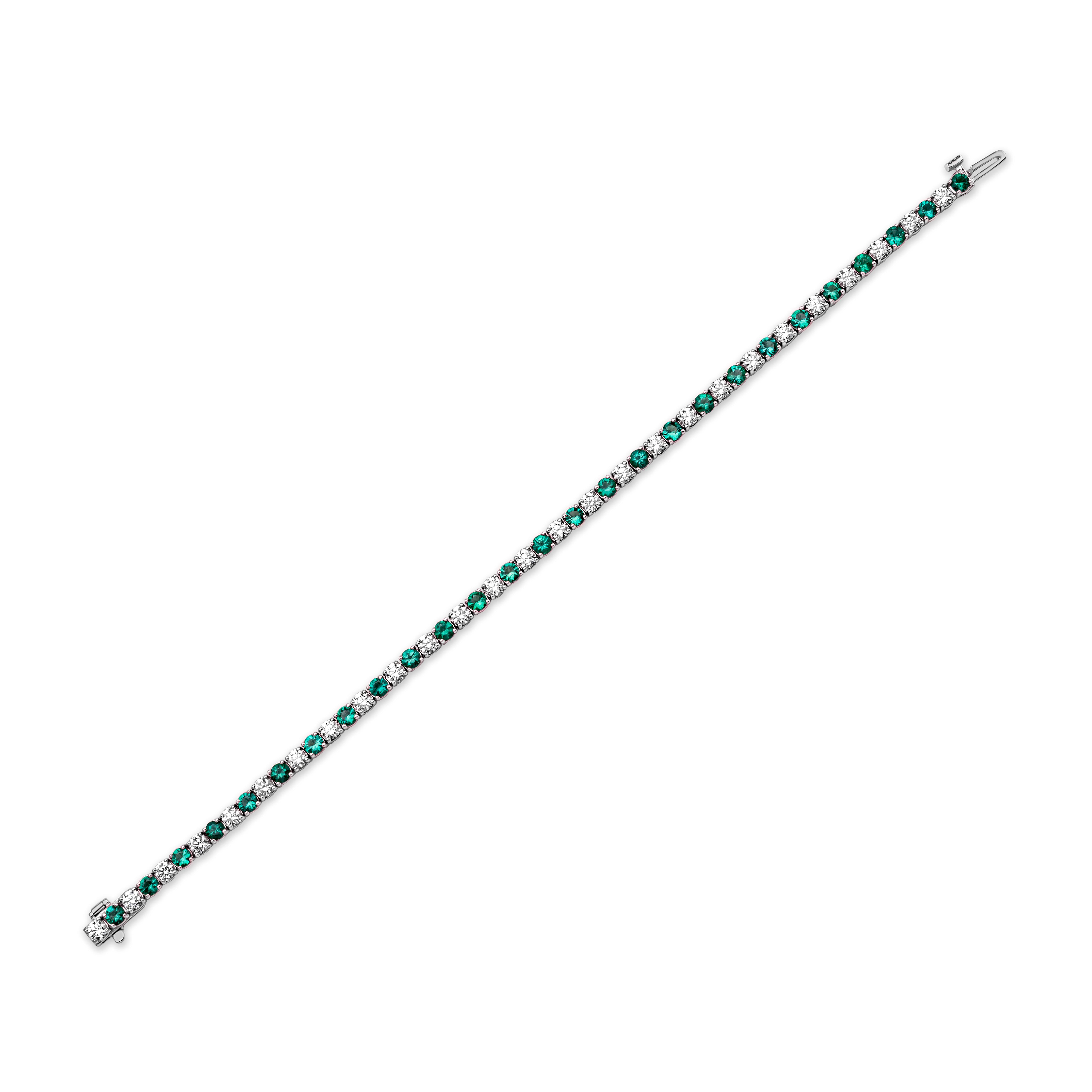 Round Cut Roman Malakov 5.04 Carat Total Alternating Emerald & Diamond Tennis Bracelet For Sale