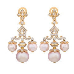 50.40 Carat Fresh Water Pearl and Diamond 18KT Yellow Gold Earrings
