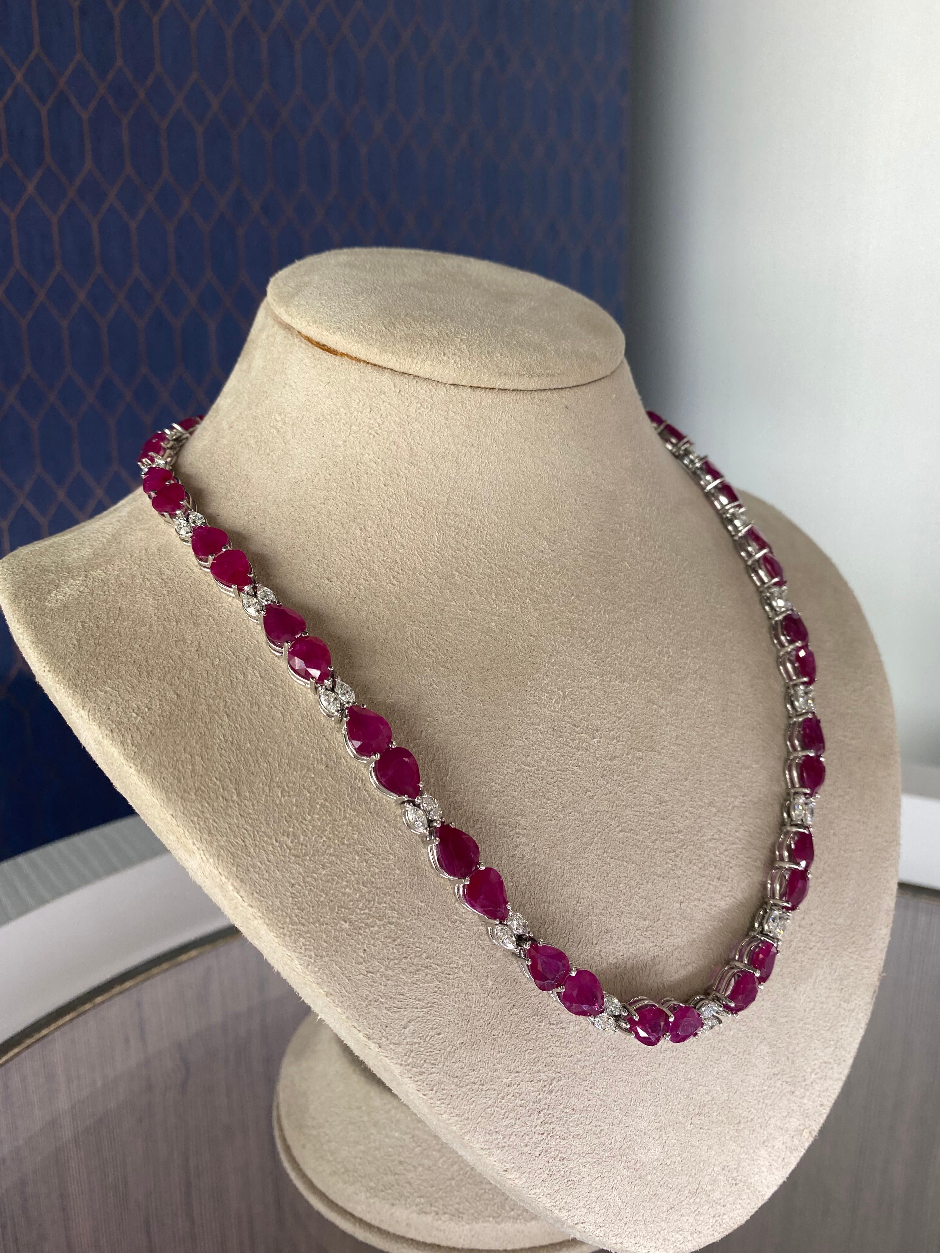 Women's 50.40 Carat Total Burmese Rubies, 4.20 Carat Diamonds in 18 Karat Gold Necklace For Sale