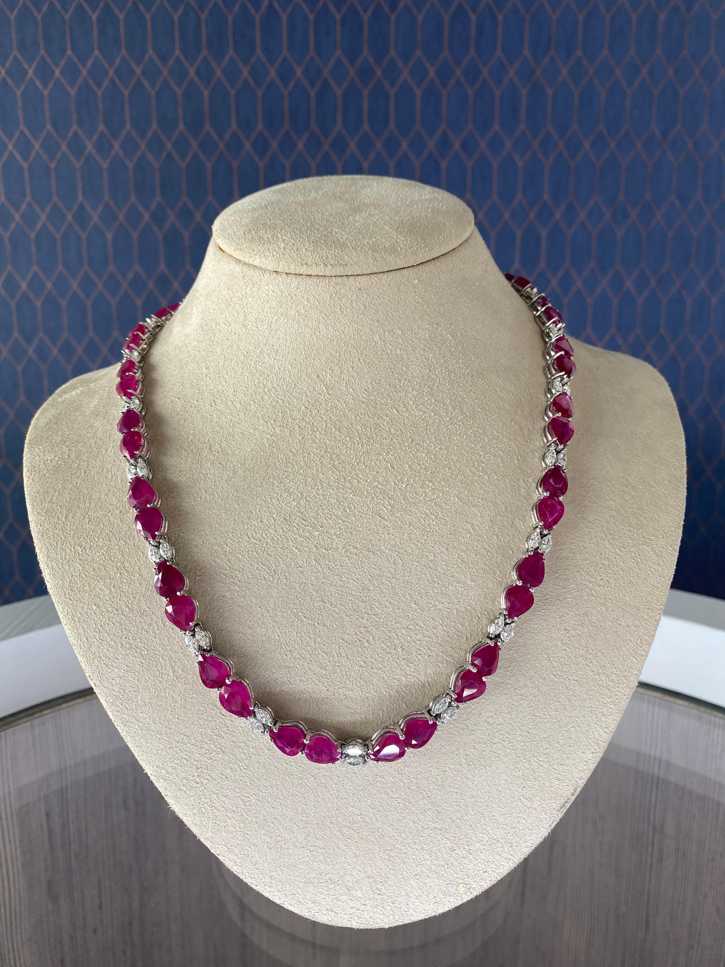 Women's 50.40 Carat Total Burmese Rubies, 4.20 Carat Diamonds in 18 Karat Gold Necklace For Sale