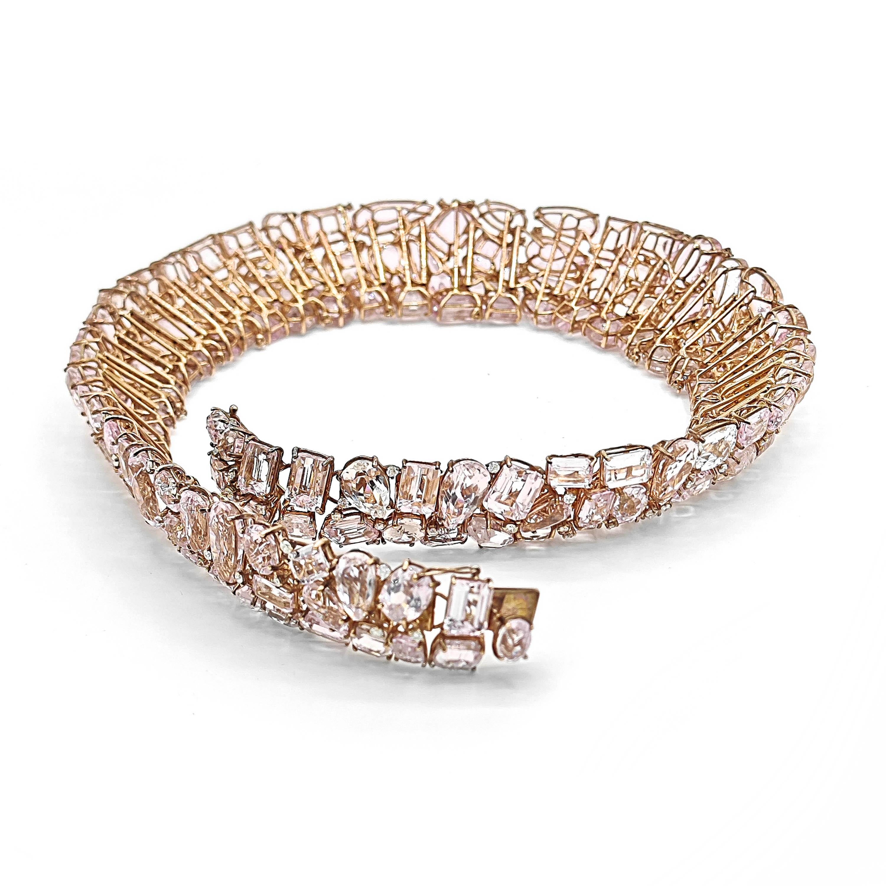 Mixed Cut 504.85 Carat Kunzite and Diamond Rose Gold Necklace For Sale