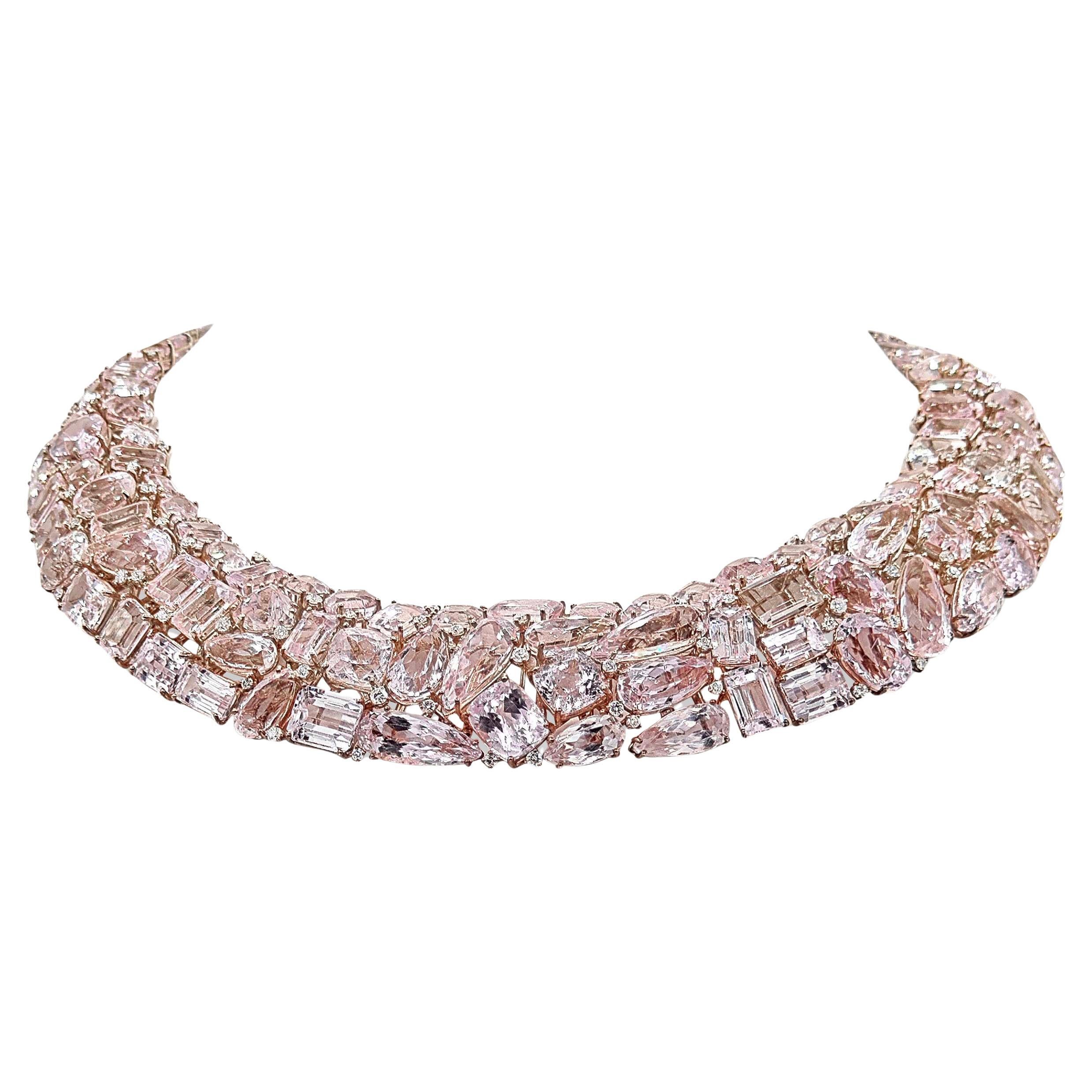 504.85 Carat Kunzite and Diamond Rose Gold Necklace
