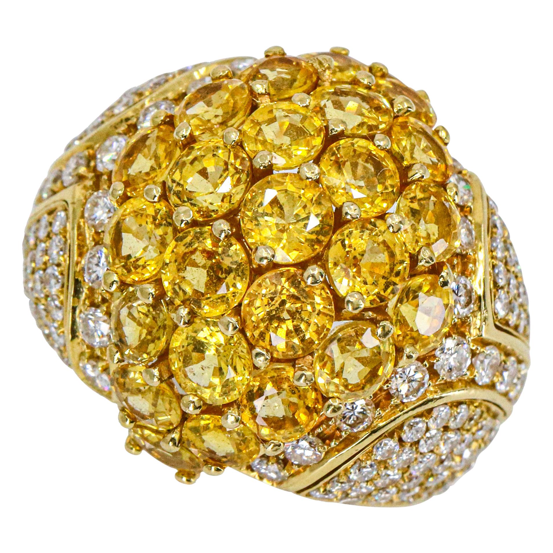 5.05 Carat 18 Karat Gold Yellow Sapphire Diamond Dome Ring For Sale