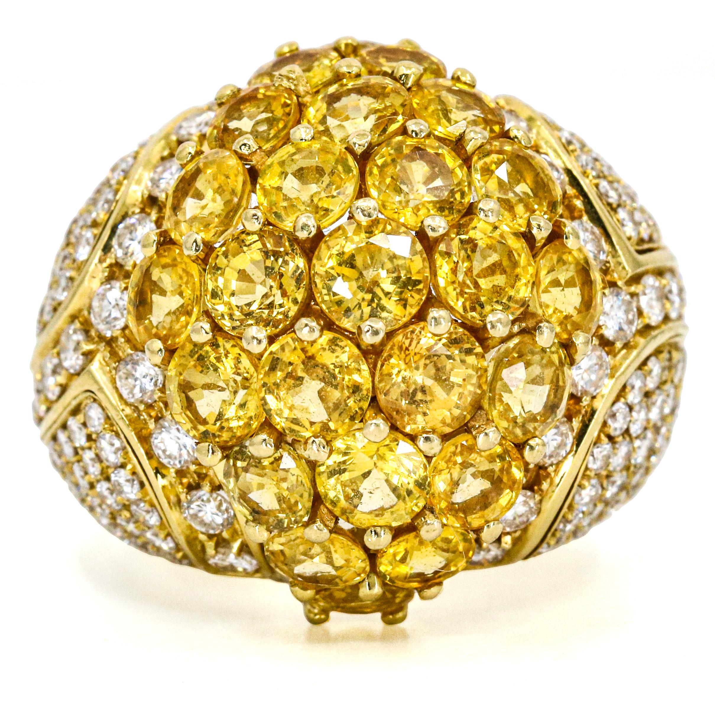 Contemporary 5.05 Carat 18 Karat Gold Yellow Sapphire Diamond Dome Ring For Sale