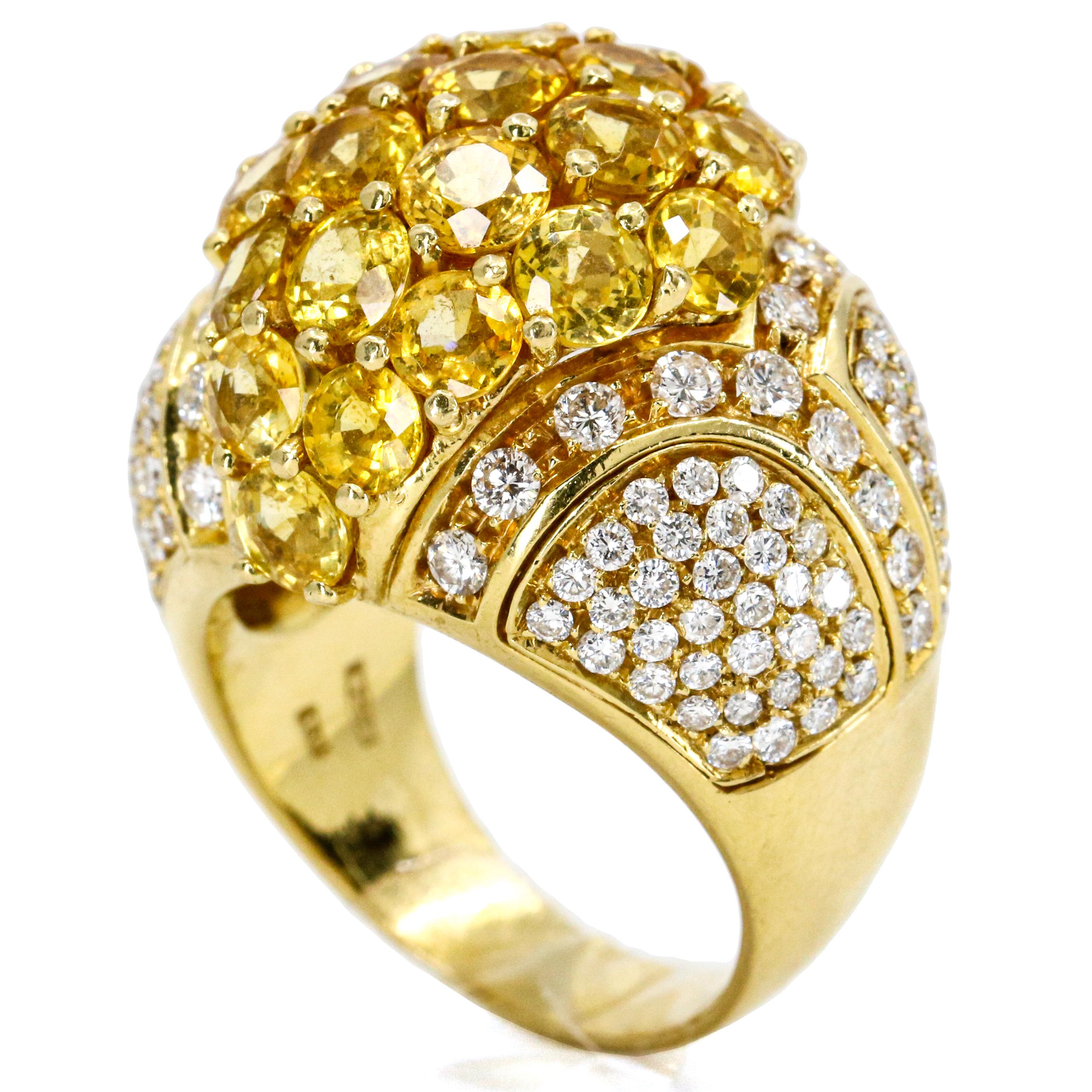 Round Cut 5.05 Carat 18 Karat Gold Yellow Sapphire Diamond Dome Ring For Sale