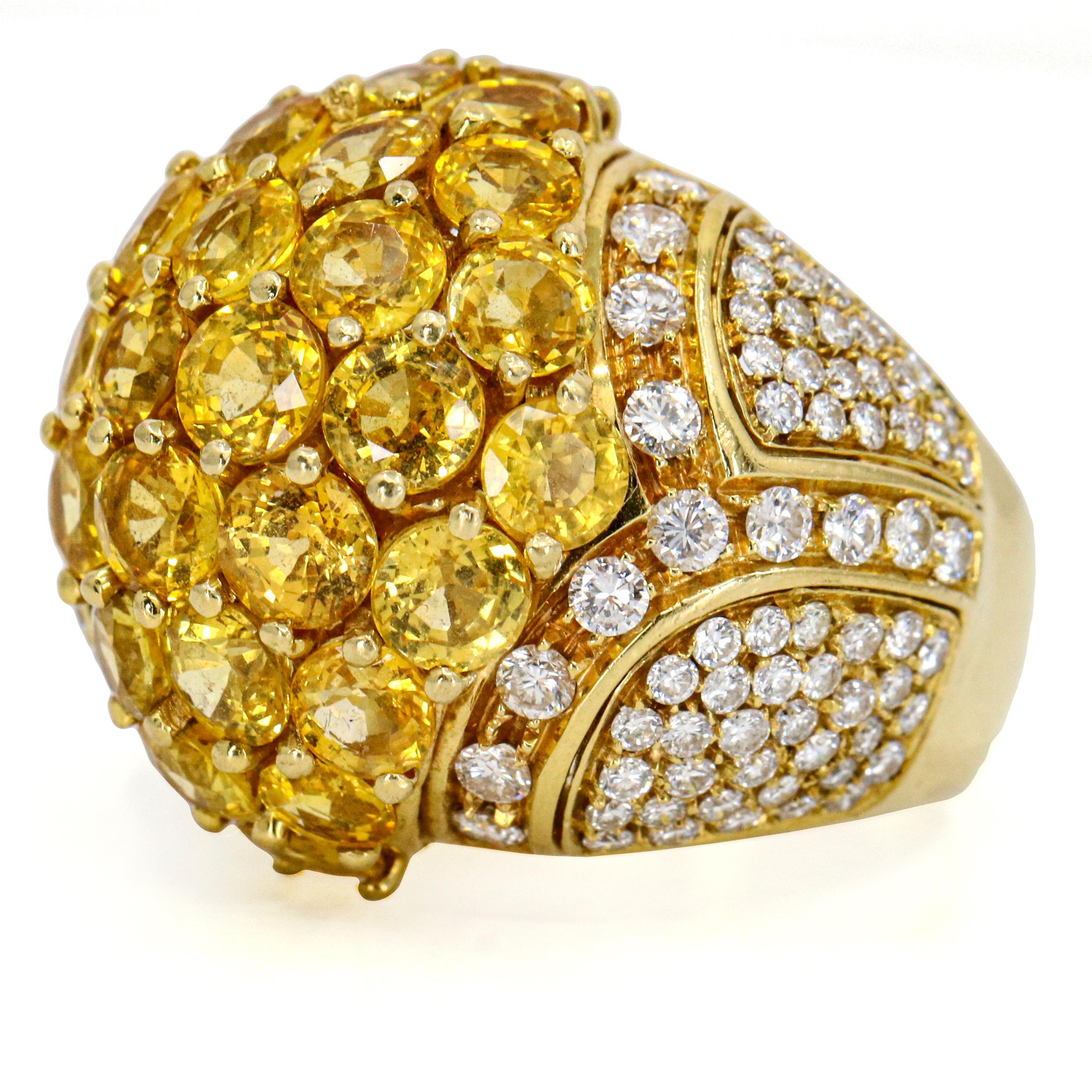 5.05 Carat 18 Karat Gold Yellow Sapphire Diamond Dome Ring In Excellent Condition For Sale In Fort Lauderdale, FL