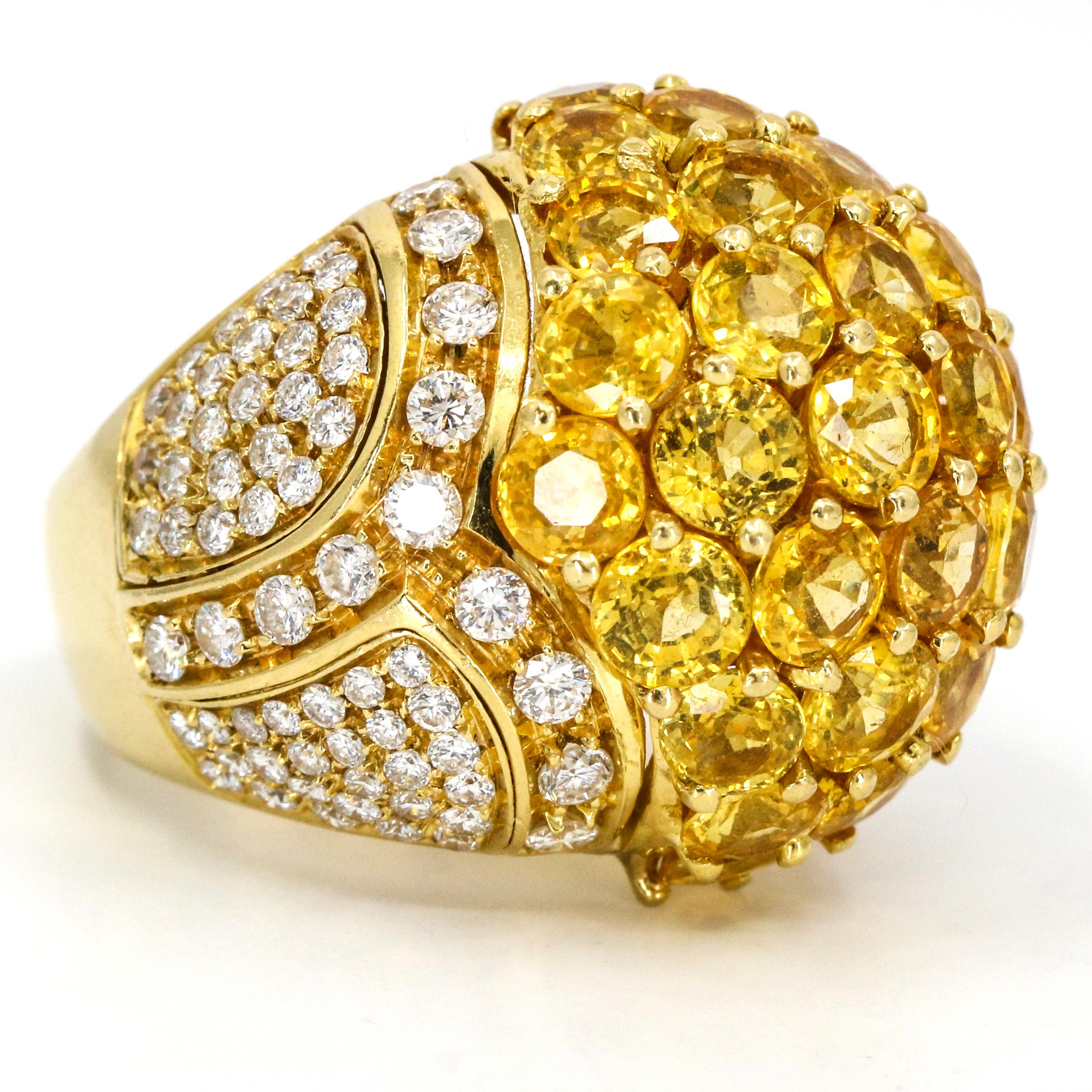 Women's 5.05 Carat 18 Karat Gold Yellow Sapphire Diamond Dome Ring For Sale