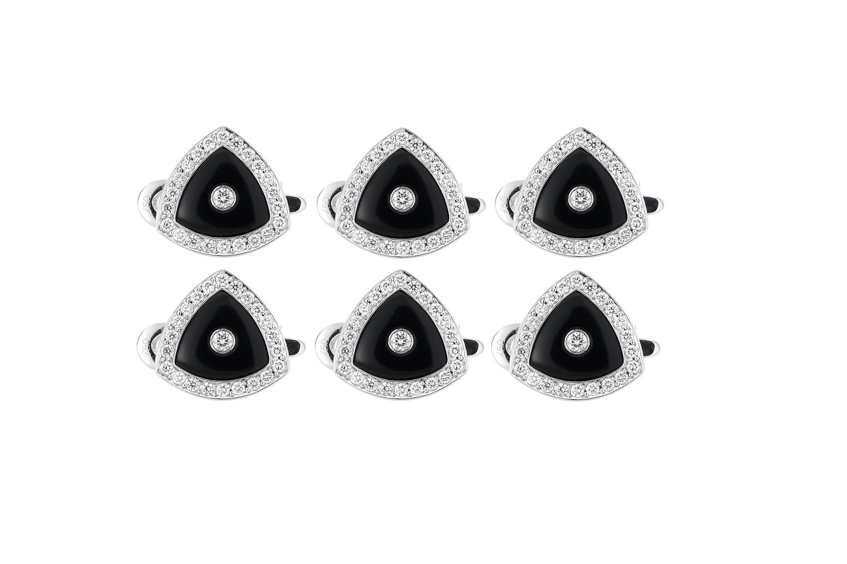 A confident and sophiscated man will always stand out from the crowd. These 18k white gold shirt buttons were designed to enhance his shirt or tuxedo. The 6 pieces of triangular buttons showcases carefully carved black onyx surrounding by a single