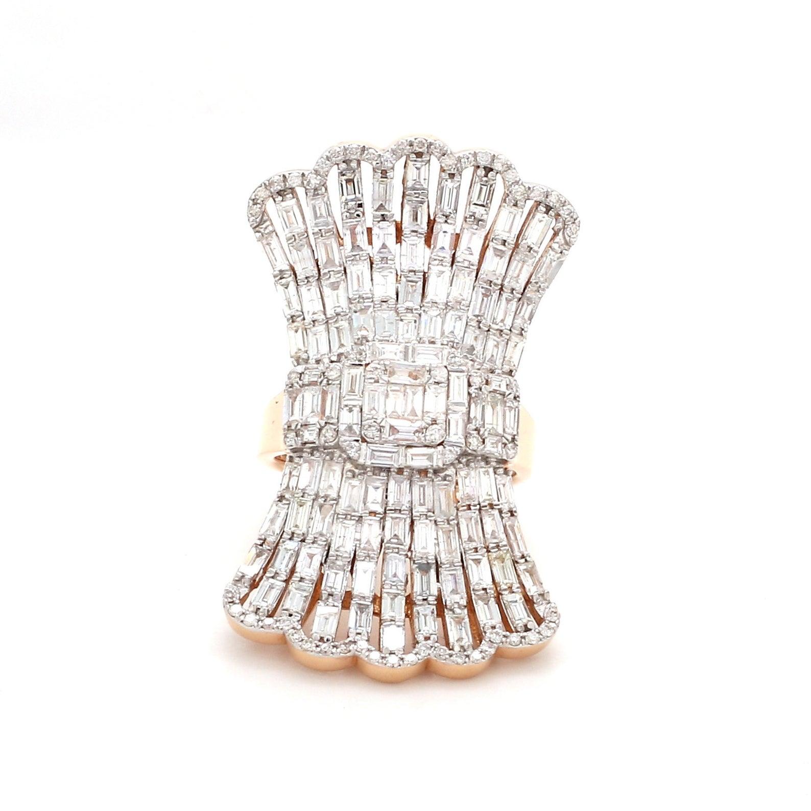 Baguette Cut 5.05 Carat Diamond 14 Karat Rose Gold Fan Ring For Sale