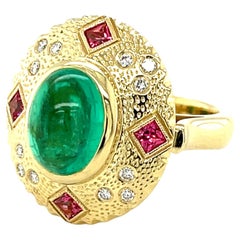 5.05 Carat Emerald Cabochon, Spinel and Diamond Ring in 18k Yellow Gold