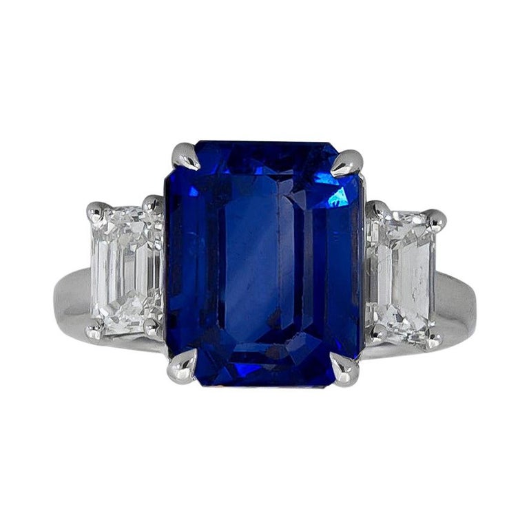 5.86 Carat Emerald Cut Blue Sapphire and Diamond ThreeStone Engagement