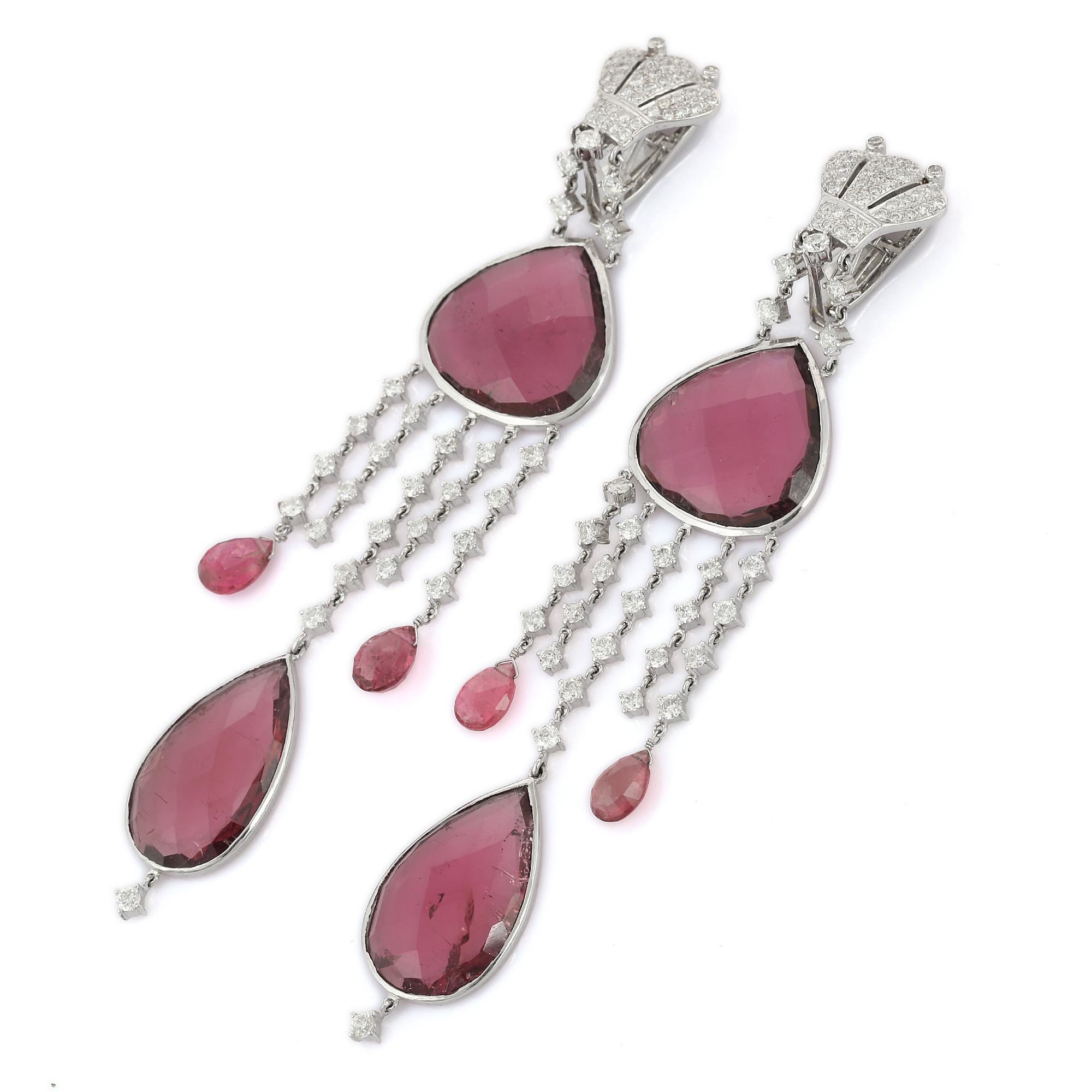 50.5 Carat Mixed Cut Ruby and Diamond Dangle and Drop Earrings in 18K White Gold In New Condition For Sale In Houston, TX