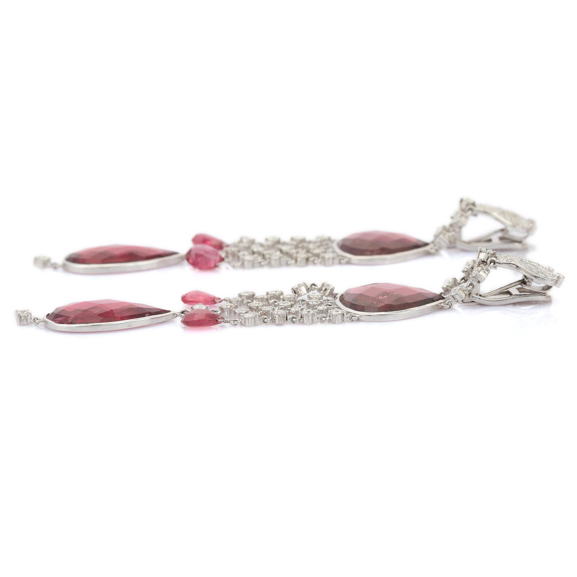 50.5 Carat Mixed Cut Ruby and Diamond Dangle and Drop Earrings in 18K White Gold For Sale 2
