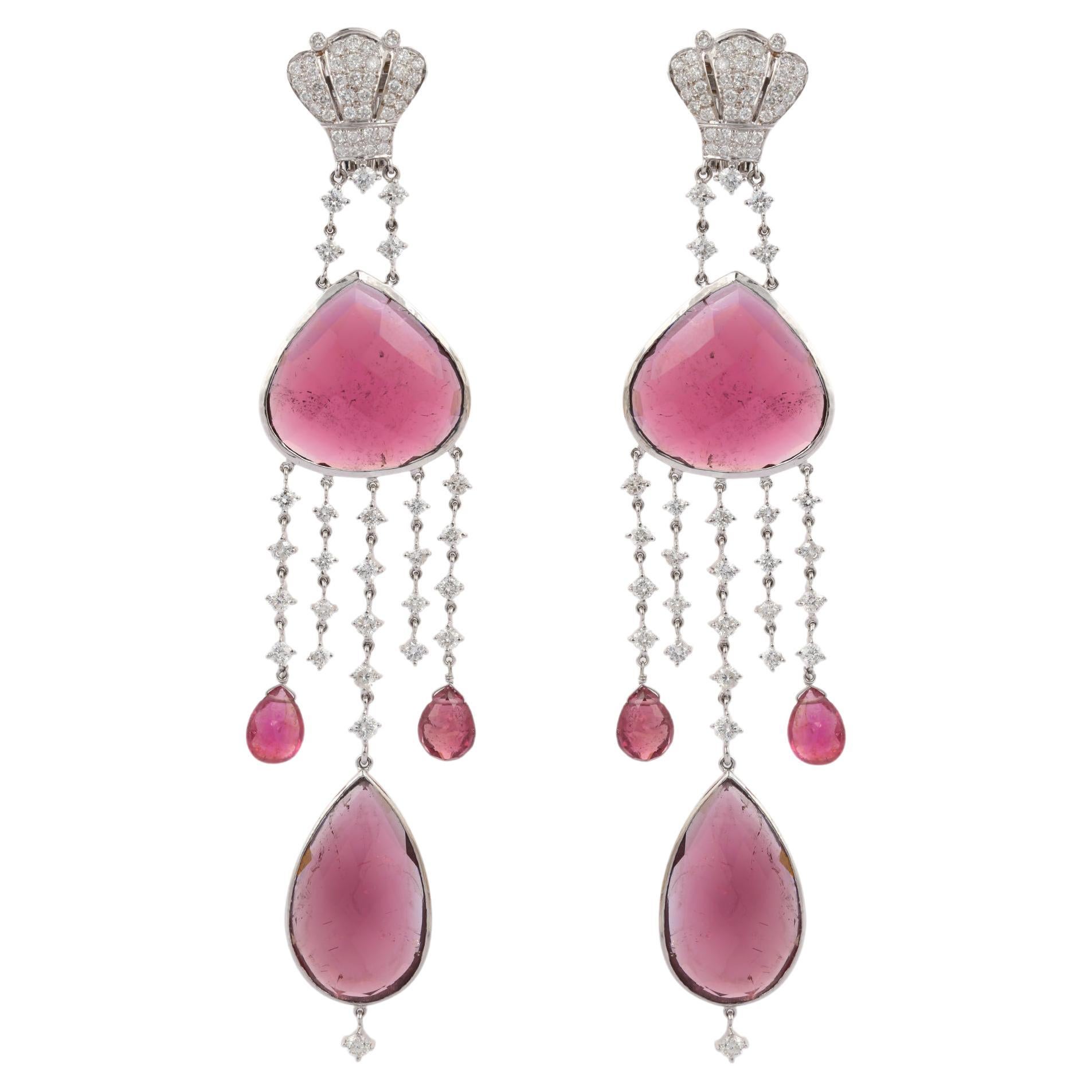 50.5 Carat Mixed Cut Ruby and Diamond Dangle and Drop Earrings in 18K White Gold For Sale
