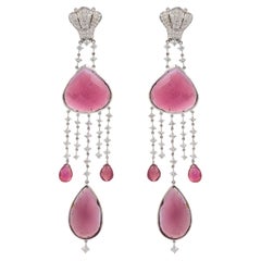 50.5 Carat Mixed Cut Ruby and Diamond Dangle and Drop Earrings in 18K White Gold