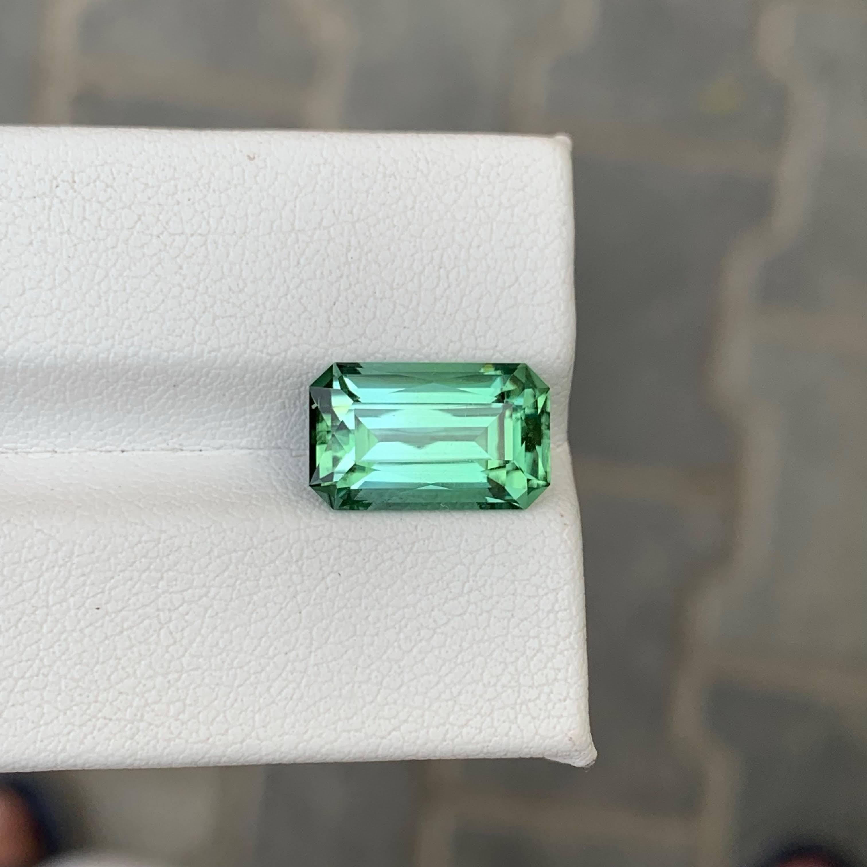 Women's or Men's 5.05 Carat Natural Loose Lagoon Green Tourmaline Emerald Cut Afghan Gemstone For Sale