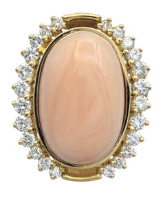 5.05 Carat Oval Cabochon Pink Coral Cocktail Ring with Diamonds 18 Karat Gold