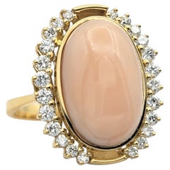 5.05 Carat Oval Cabochon Pink Coral Cocktail Ring with Diamonds 18 Karat Gold