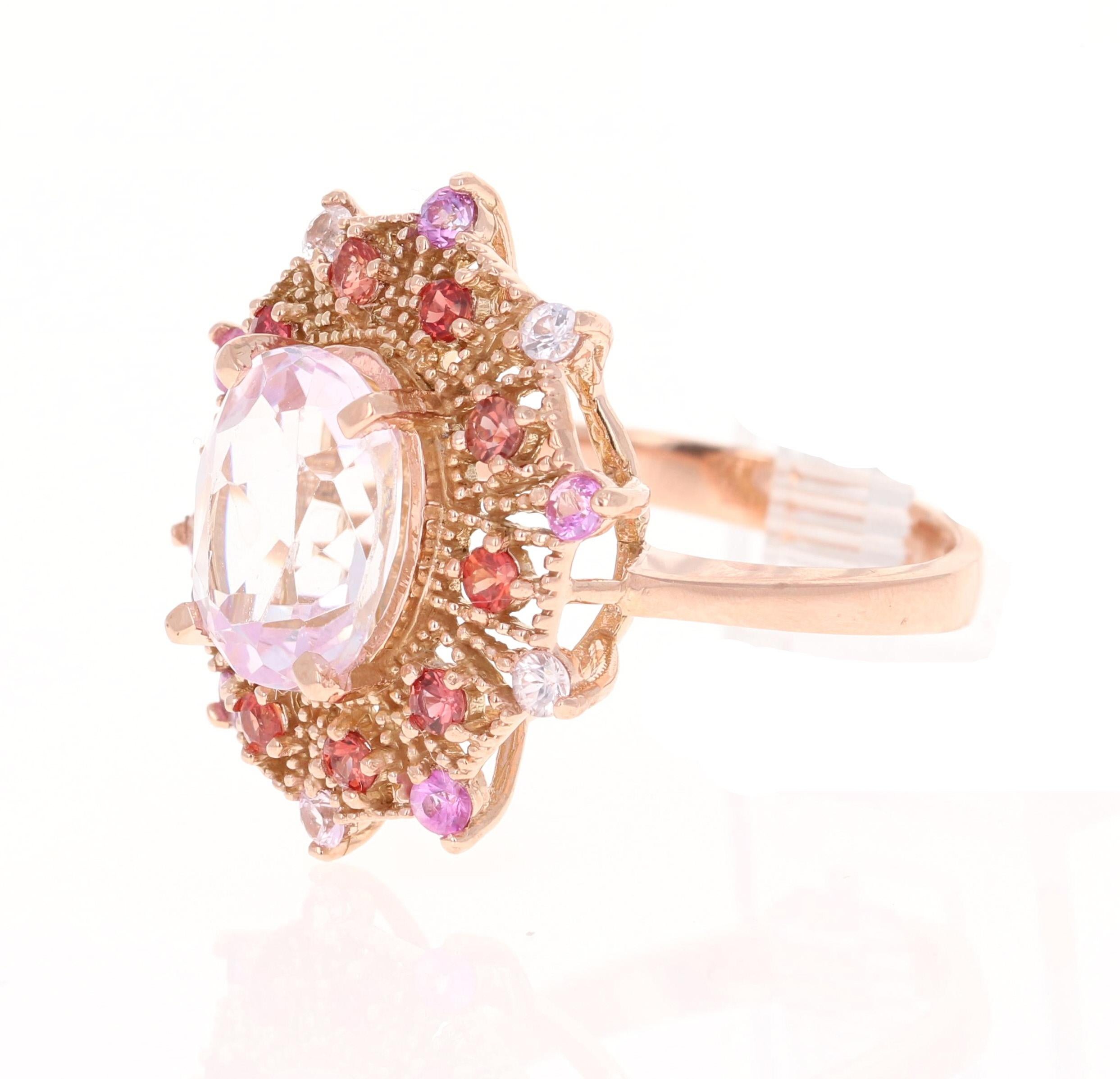 Contemporary 5.05 Carat Oval Cut Kunzite Multi-Sapphire Rose Gold Cocktail Ring