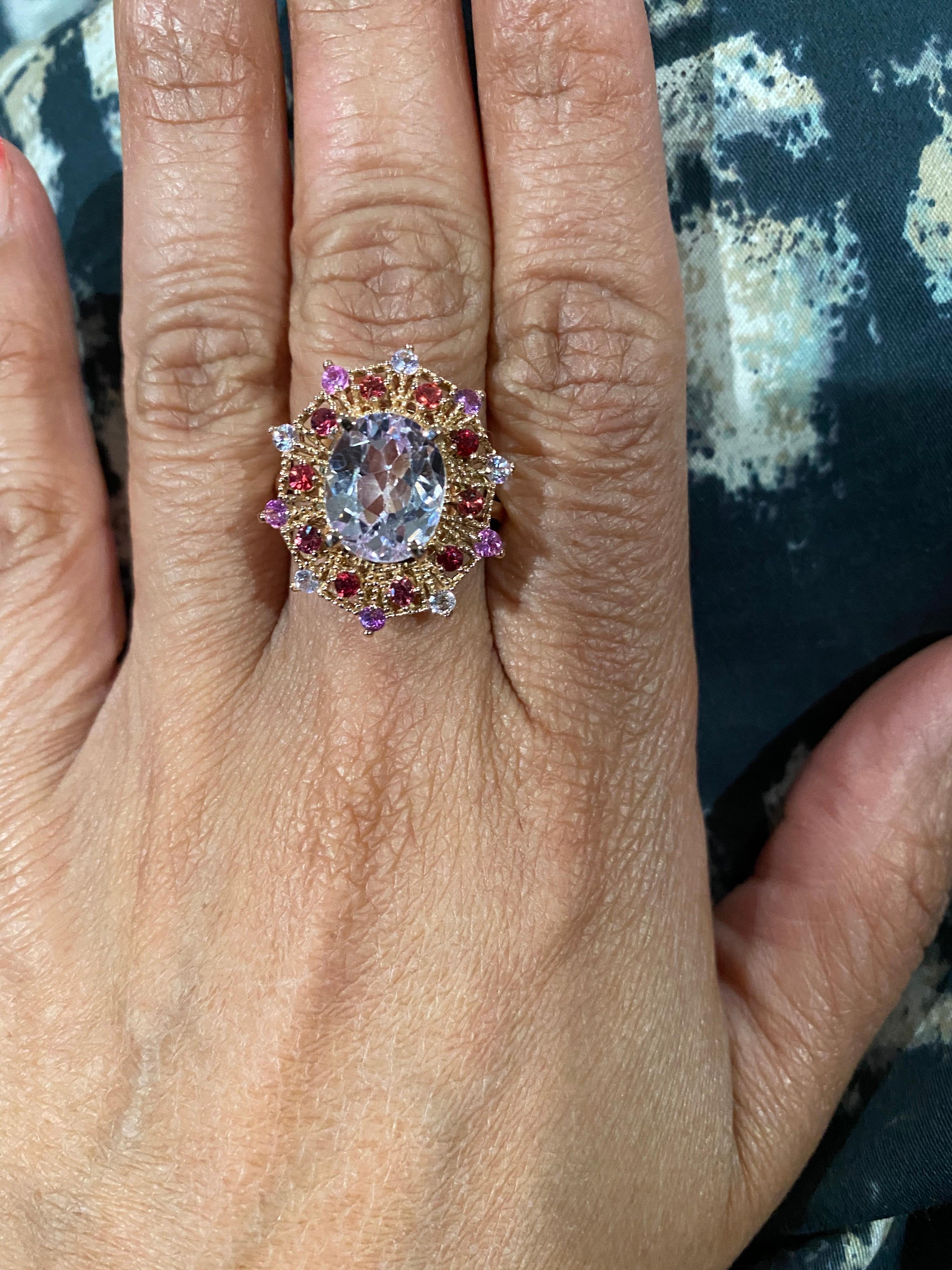 5.05 Carat Oval Cut Kunzite Multi-Sapphire Rose Gold Cocktail Ring 1