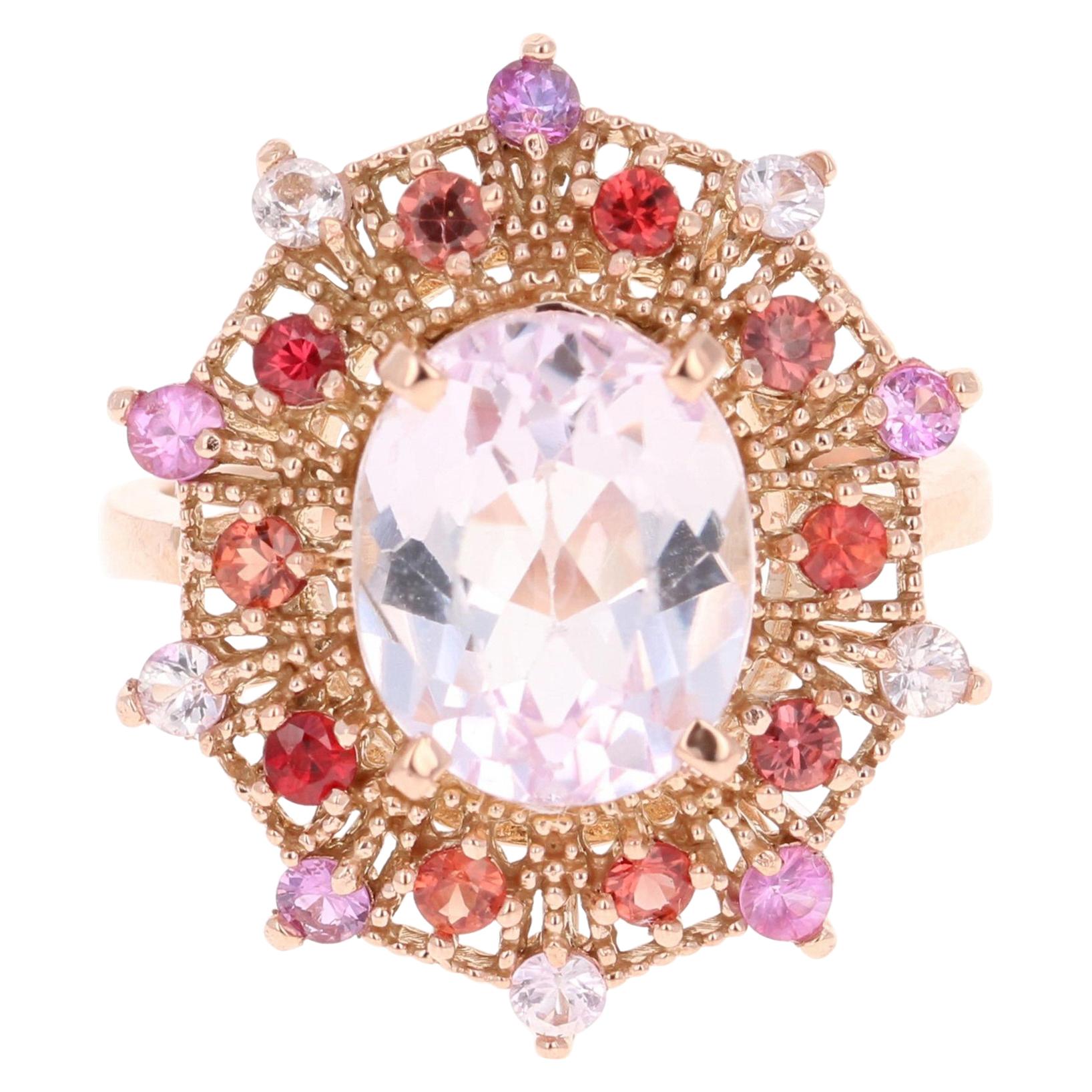 5.05 Carat Oval Cut Kunzite Multi-Sapphire Rose Gold Cocktail Ring