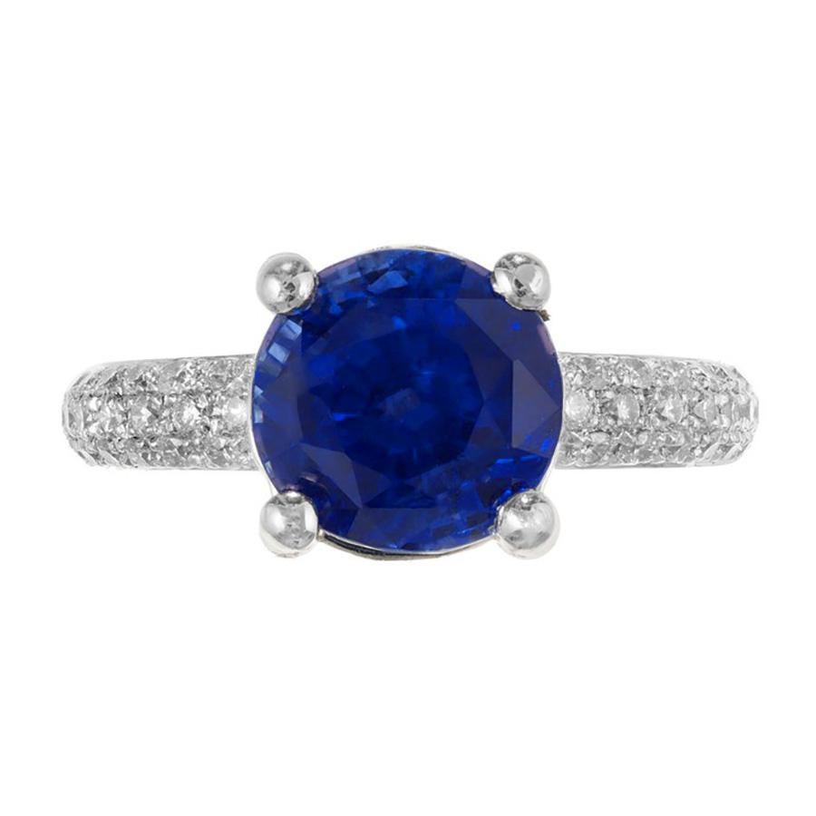 Round Cut 5.05 Carat Round Blue Sapphire Diamond Platinum Engagement Ring For Sale