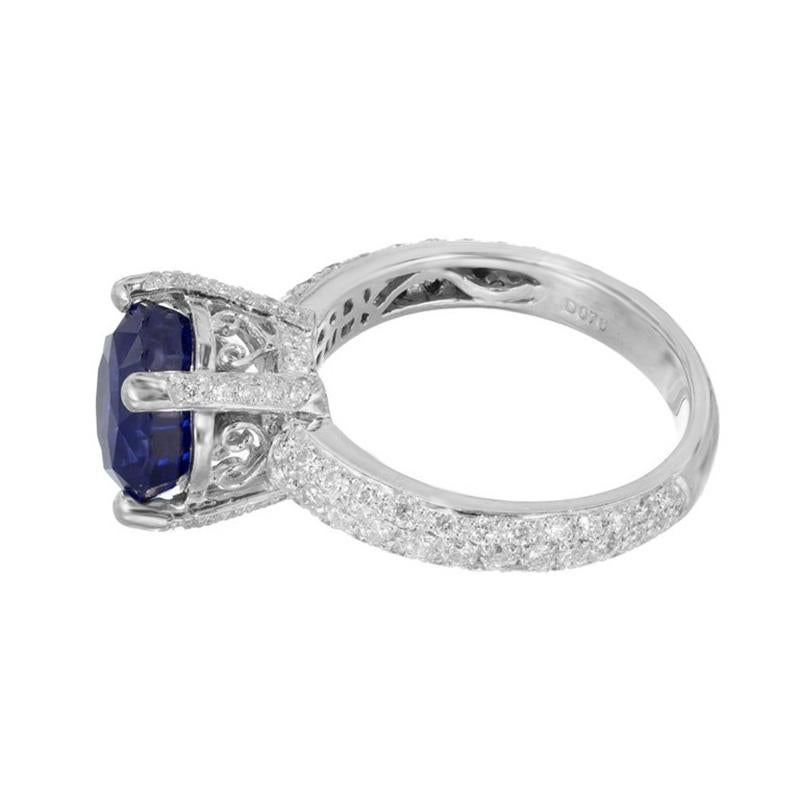 5.05 Carat Round Blue Sapphire Diamond Platinum Engagement Ring For Sale 1