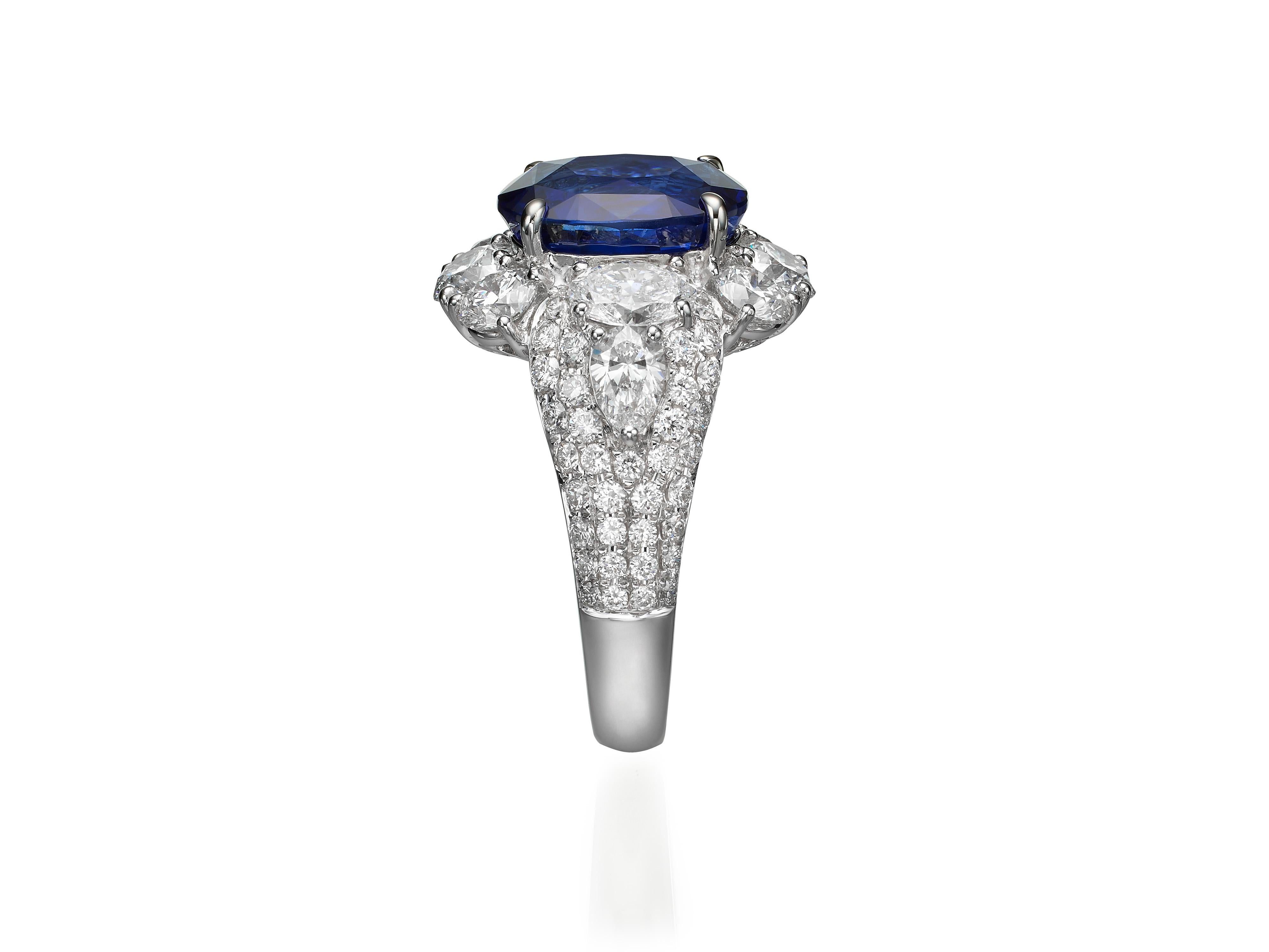 Oval Cut 5.05 Carat Royal Blue Oval Ceylon Sapphire 18 Karat White Gold Diamond Ring