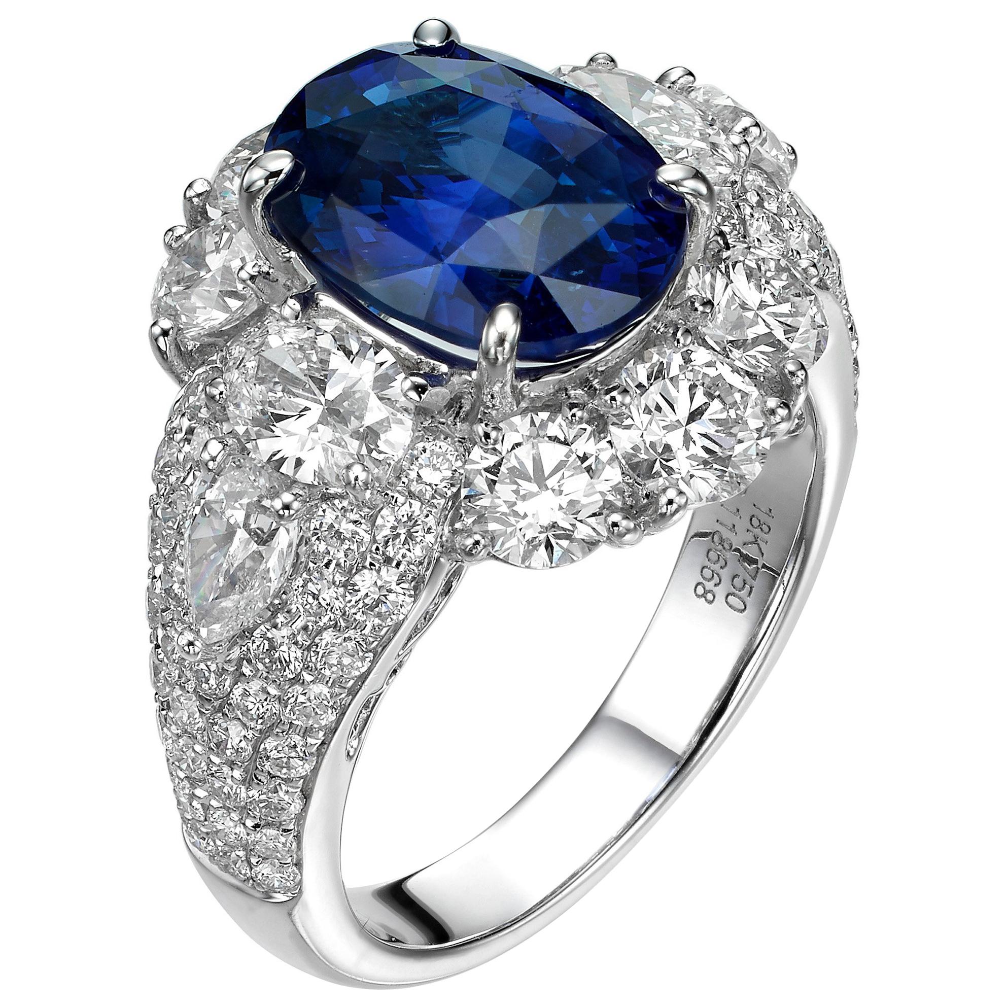5.05 Carat Royal Blue Oval Ceylon Sapphire 18 Karat White Gold Diamond Ring