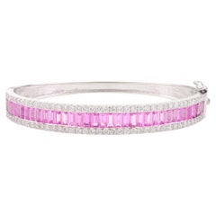 5.05 CTW Pink Sapphire Baguette Cuff Bracelet with Diamonds in 18k White Gold
