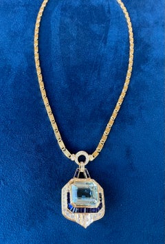 50.50 Carat Art Deco Style Aquamarine, Sapphire and Diamond 18K Pendant Necklace