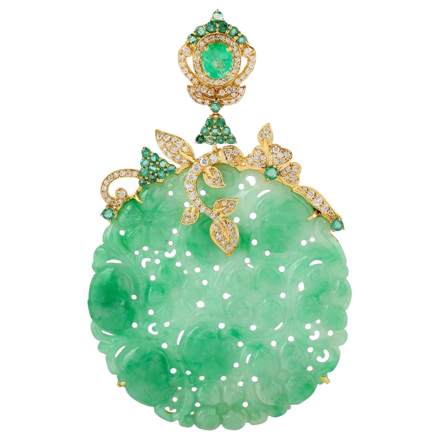 50.51 Carat Carved Jade Emerald Diamond 18 Karat Gold Pendant Necklace For Sale