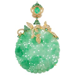 50.51 Carat Carved Jade Emerald Diamond 18 Karat Gold Pendant Necklace