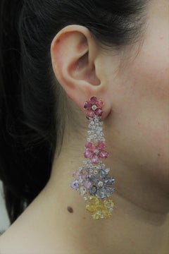 50.57 Carat Multi-Color Sapphires and White Diamonds Dangling Earrings