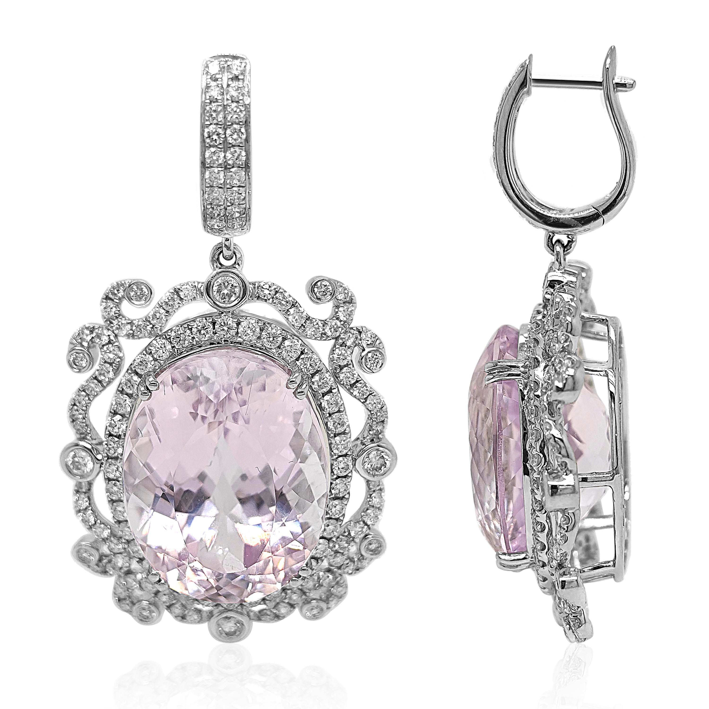 Mixed Cut 50.58 Carat Kunzite and White Diamond White Gold Earrings For Sale